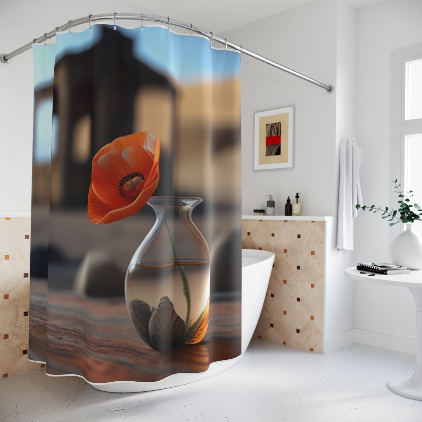 Polyester Shower Curtain Poppy in a Glass Vase 1