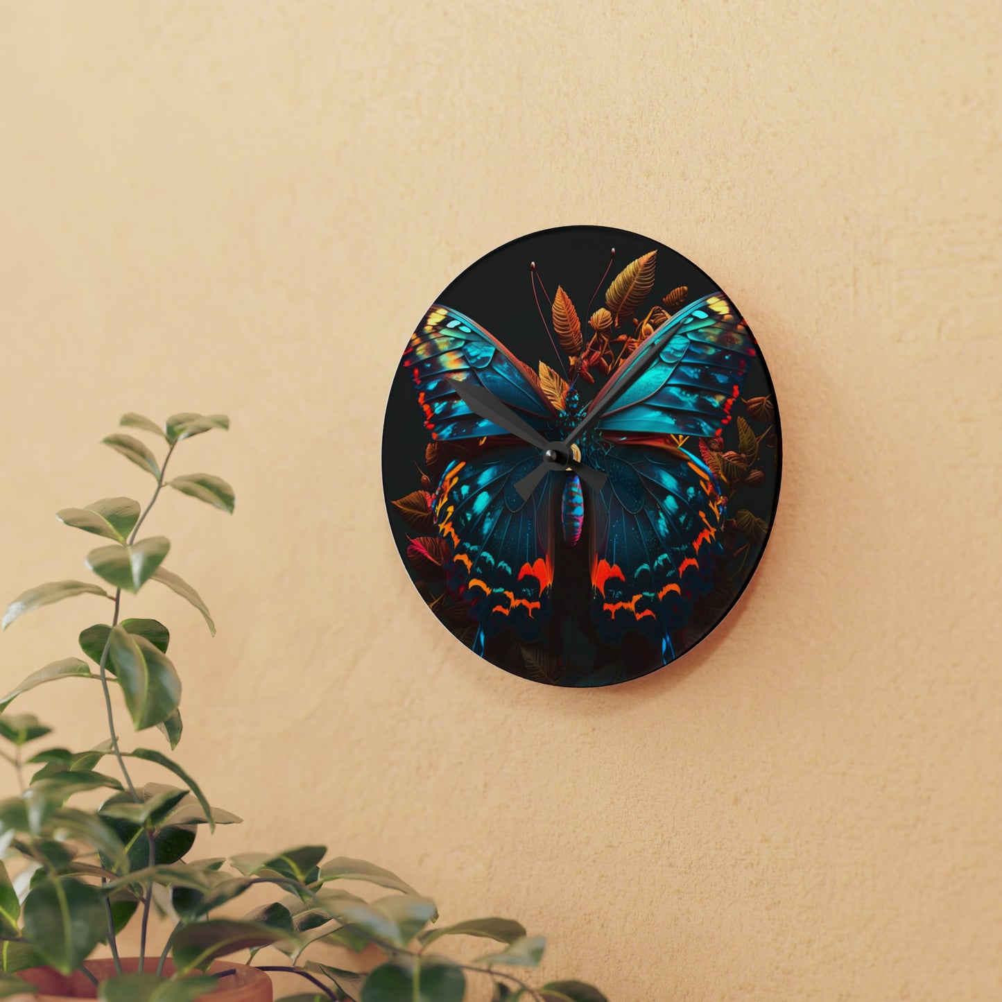 Acrylic Wall Clock Hue Neon Butterfly 1