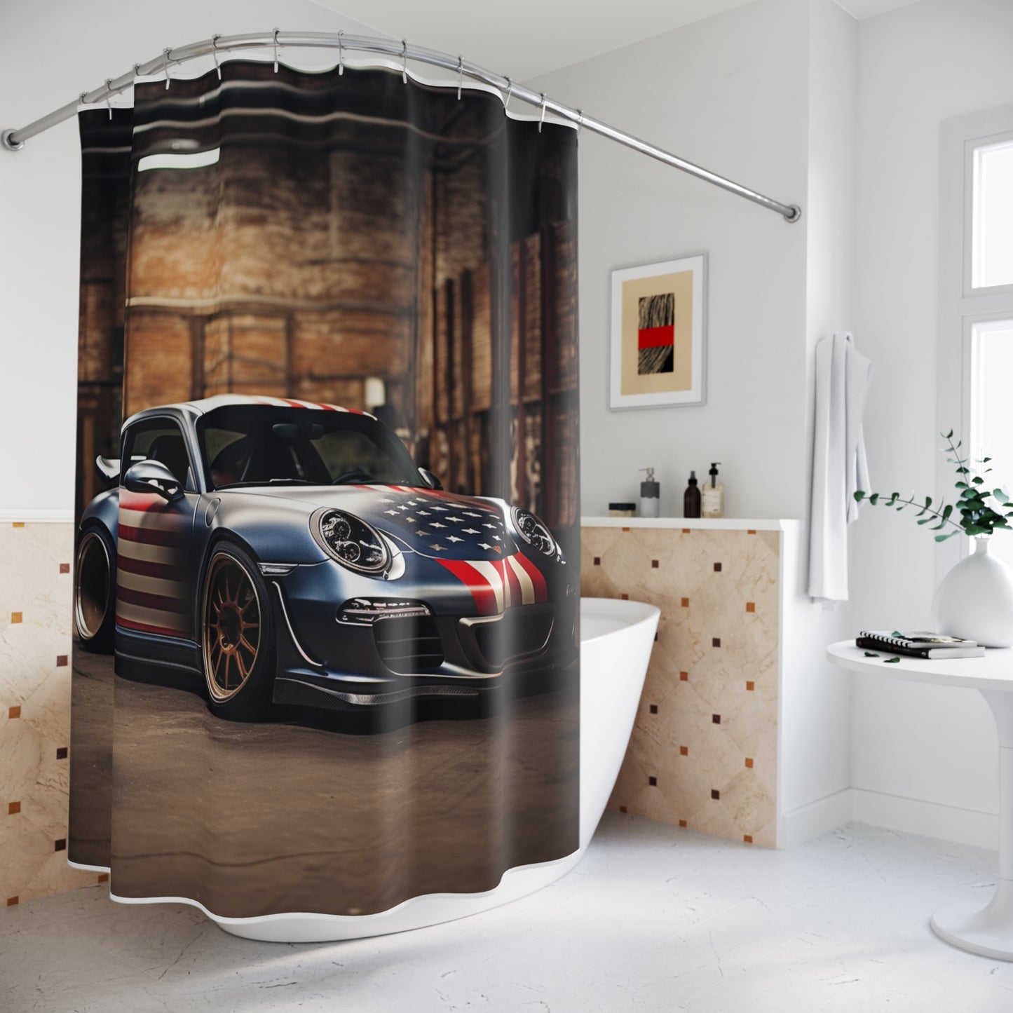 Polyester Shower Curtain American Flag Porsche 1