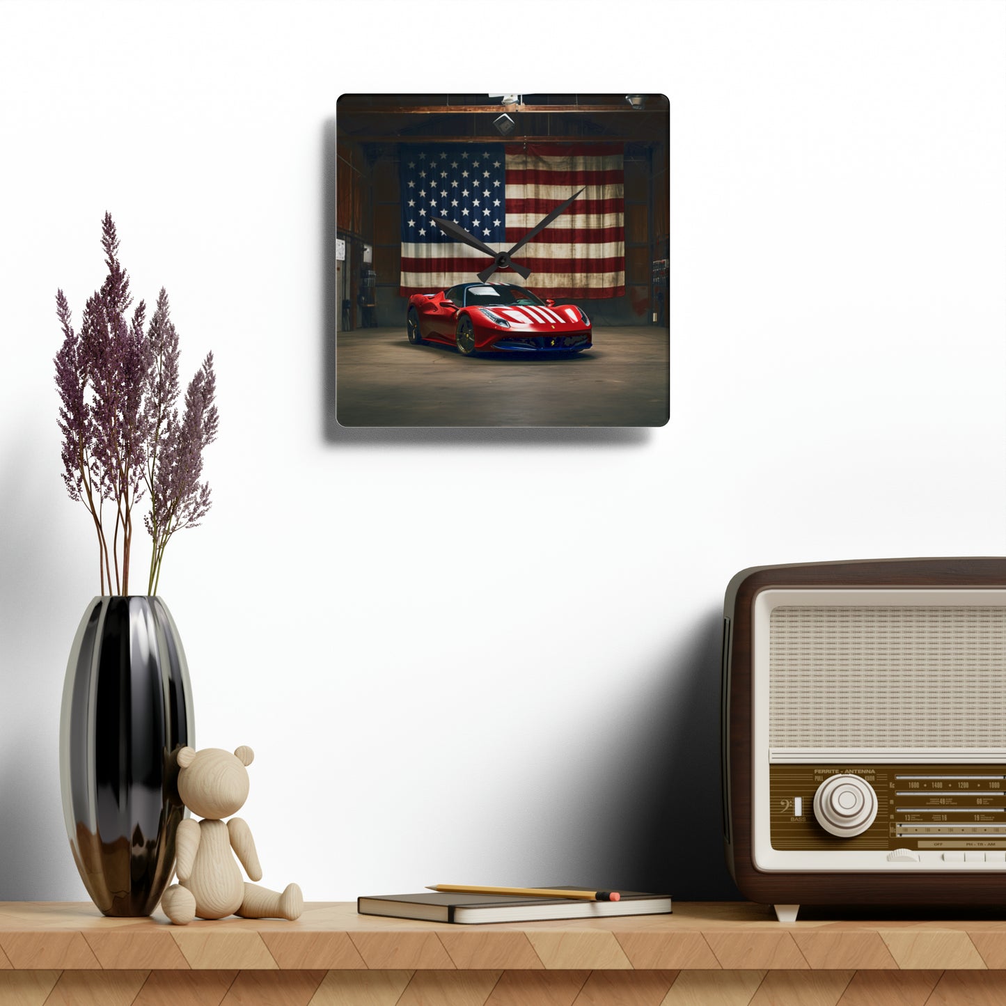 Acrylic Wall Clock American Flag Farrari 4