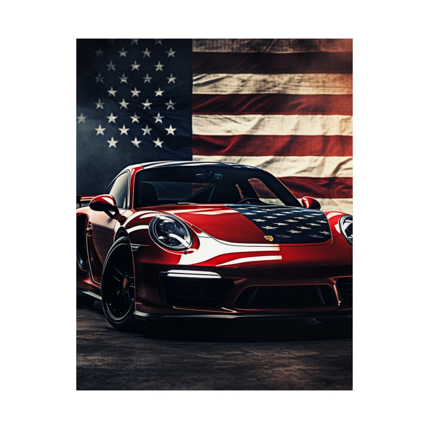 Premium Matte Vertical Posters American Flag Background Porsche 2