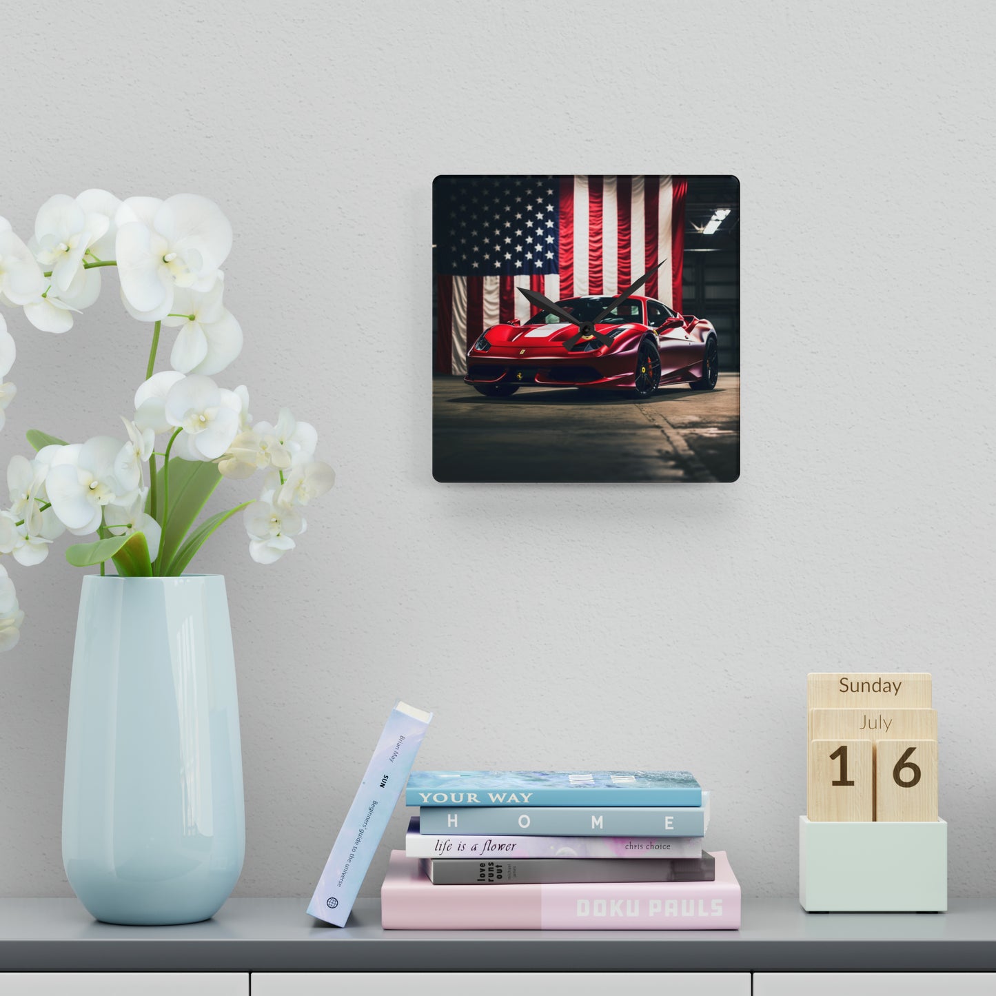 Acrylic Wall Clock American Flag Background Ferrari 3