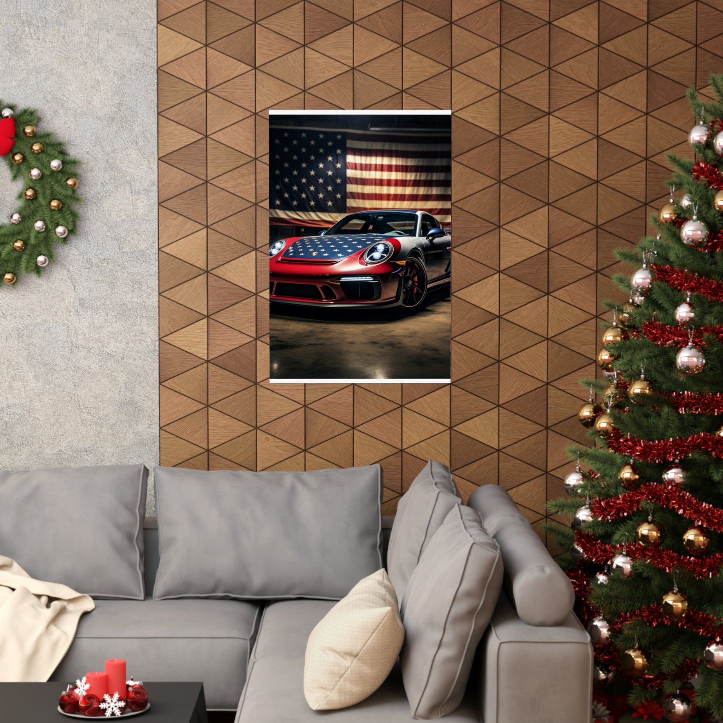 Premium Matte Vertical Posters American Flag Background Porsche 1