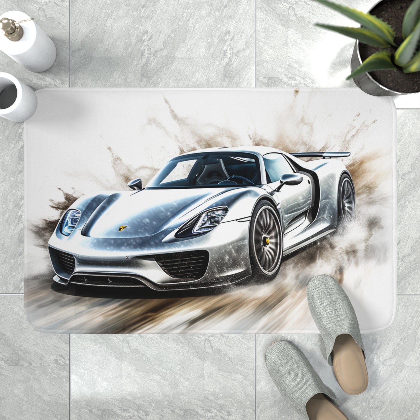 Memory Foam Bath Mat 918 Spyder white background driving fast with water splashing 2