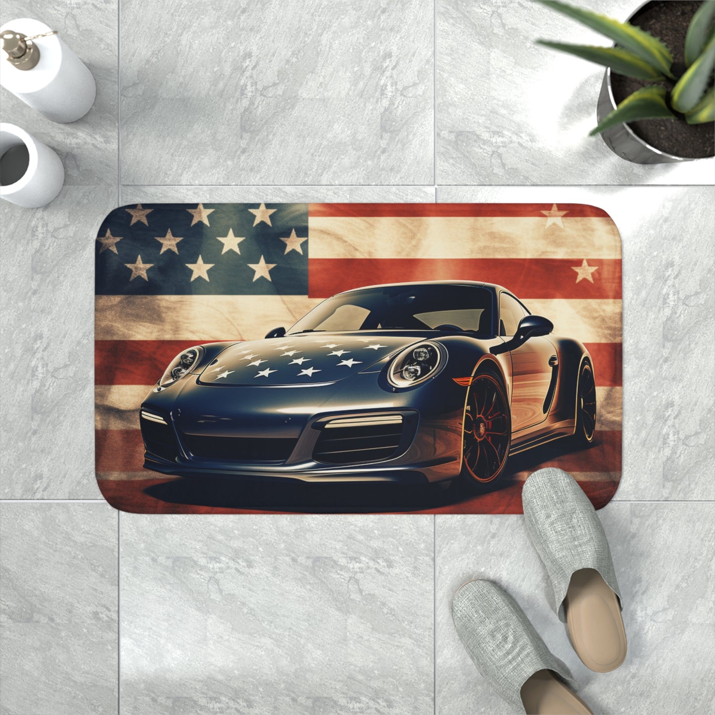 Memory Foam Bath Mat Abstract American Flag Background Porsche 3