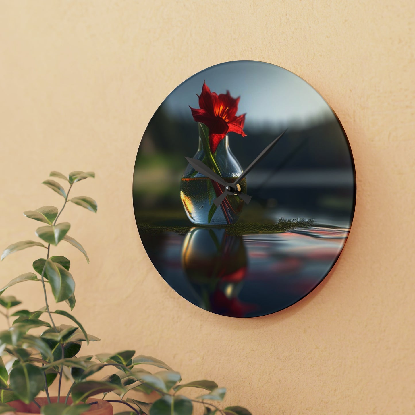 Acrylic Wall Clock Red Lily in a Glass vase 3