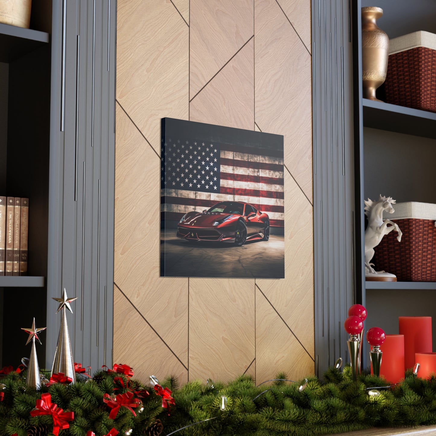 Canvas Gallery Wraps American Flag Background Ferrari 4