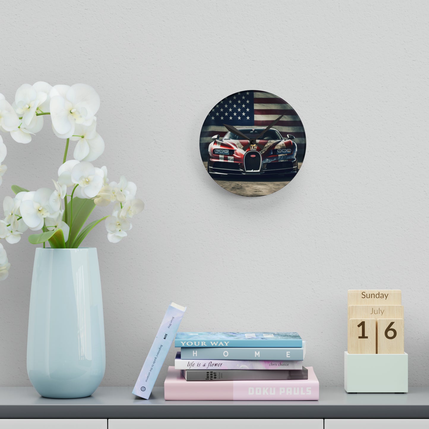 Acrylic Wall Clock American Flag Background Bugatti 3