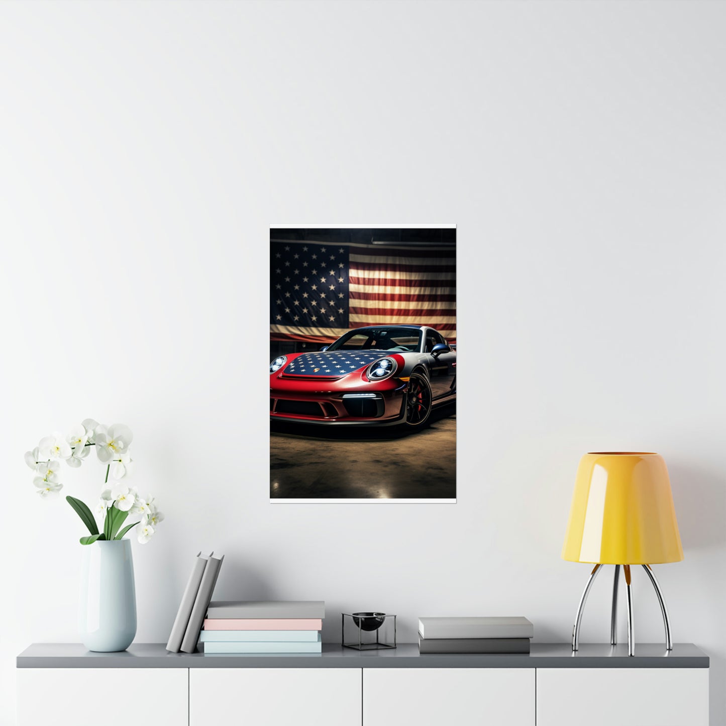 Premium Matte Vertical Posters American Flag Background Porsche 1