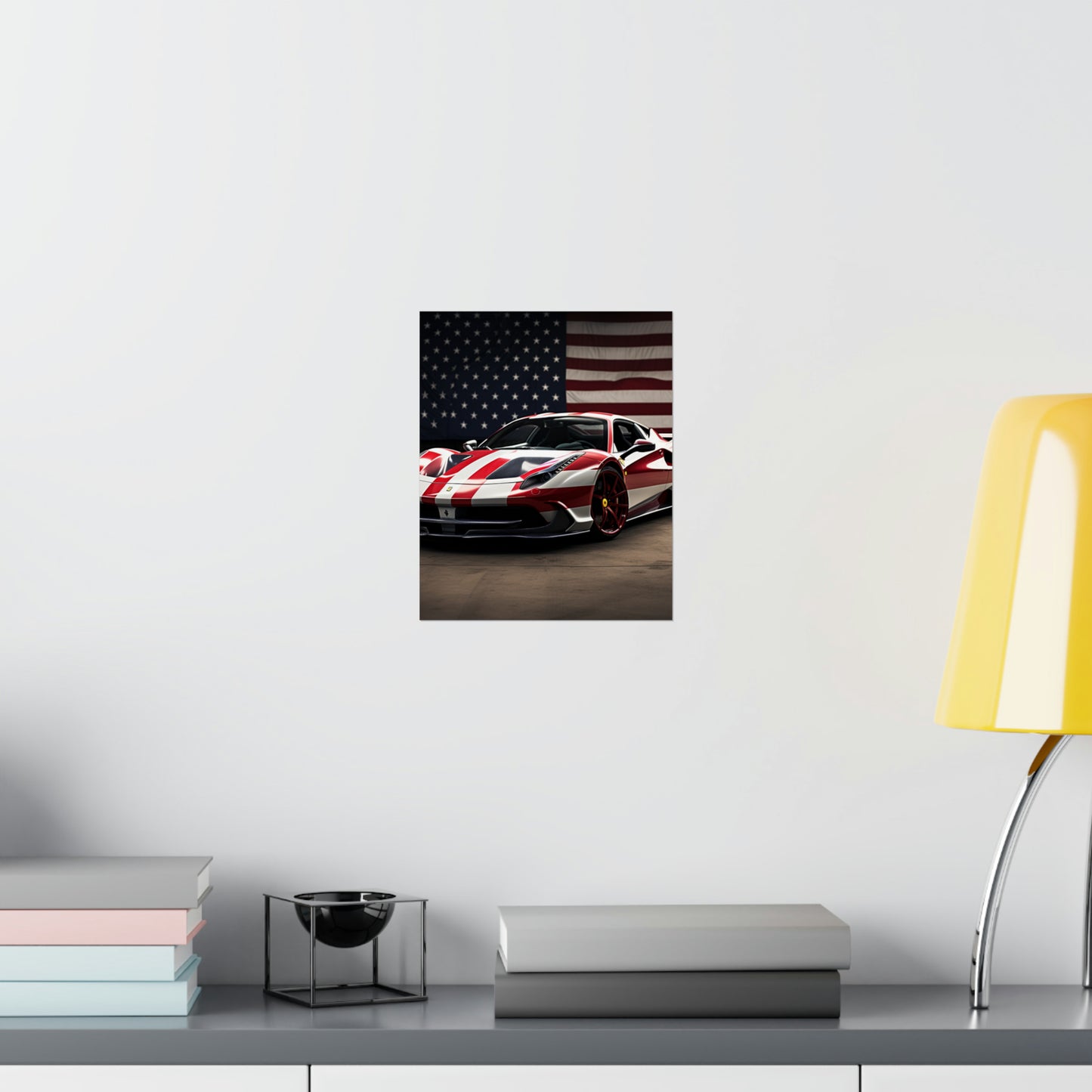 Premium Matte Vertical Posters American Flag Background Ferrari 2