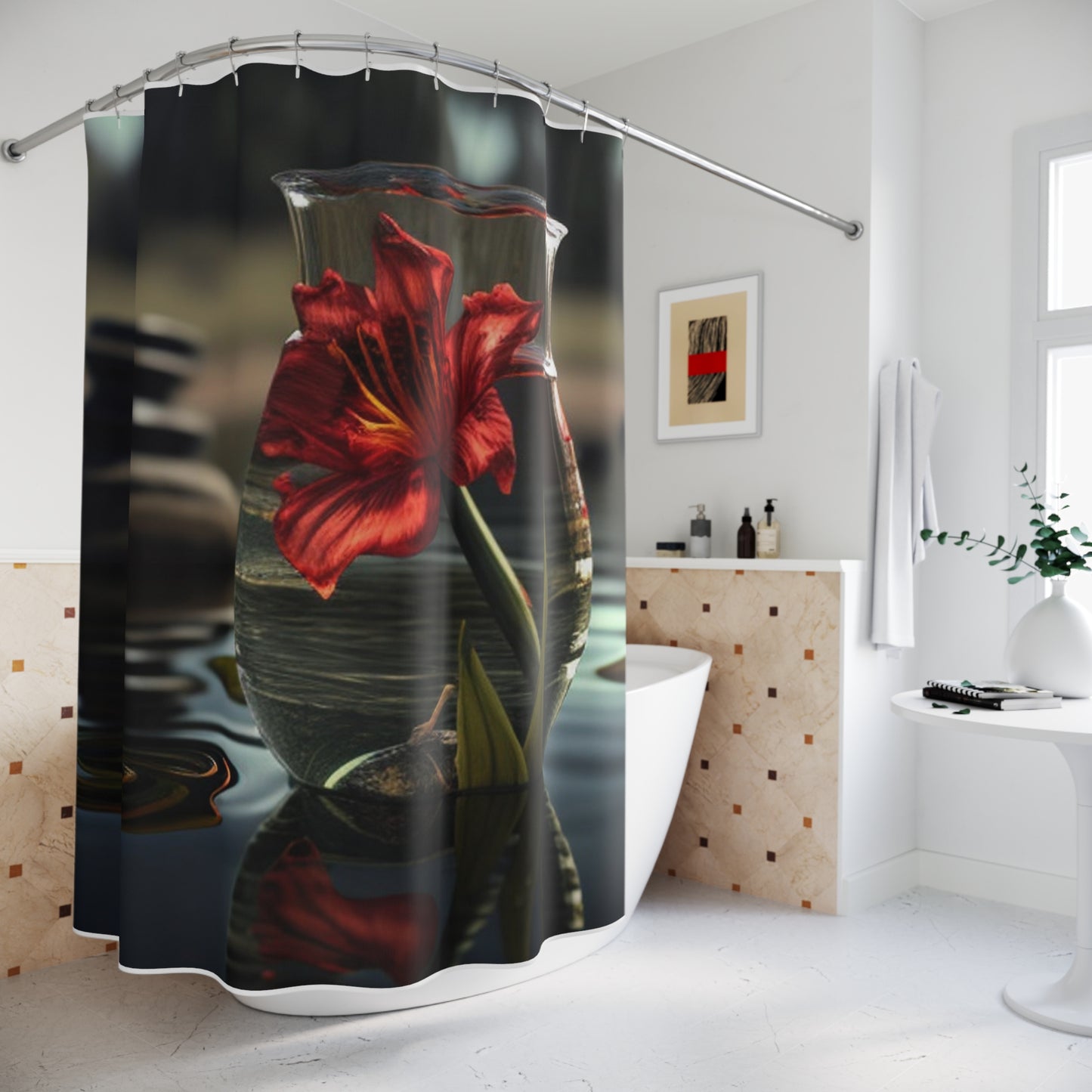 Polyester Shower Curtain Red Lily in a Glass vase 4