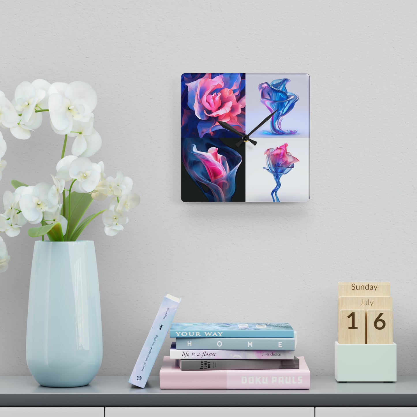 Acrylic Wall Clock Pink & Blue Tulip Rose 5