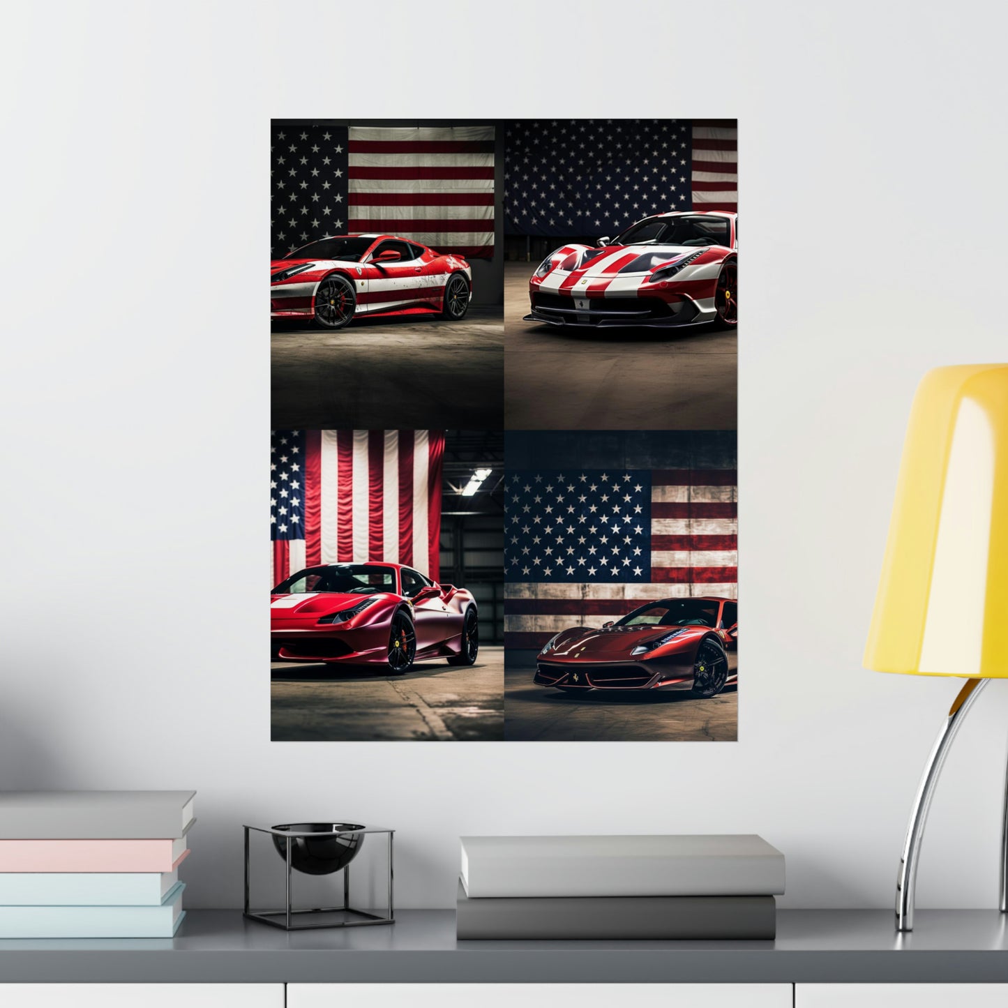 Premium Matte Vertical Posters American Flag Background Ferrari 5