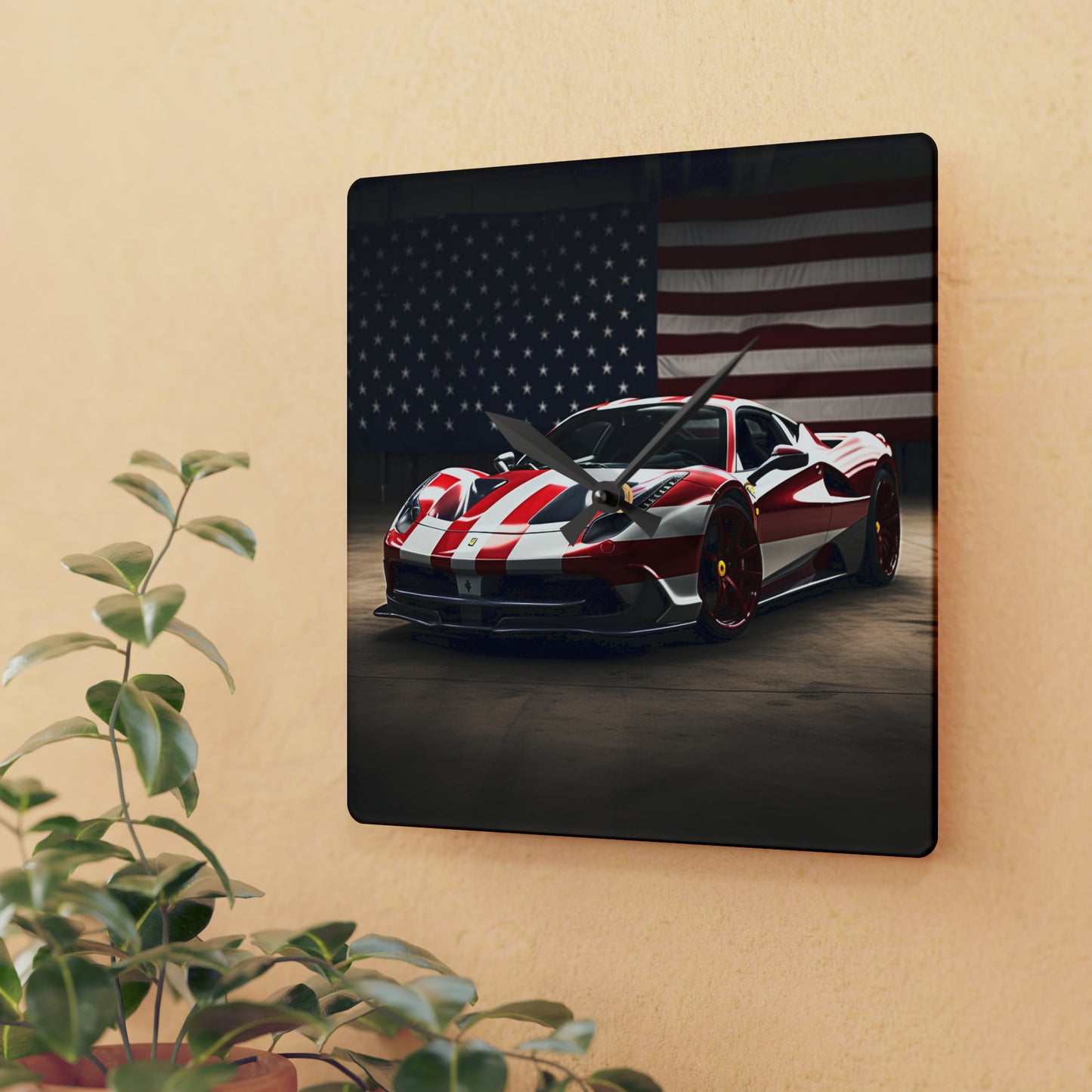 Acrylic Wall Clock American Flag Background Ferrari 2