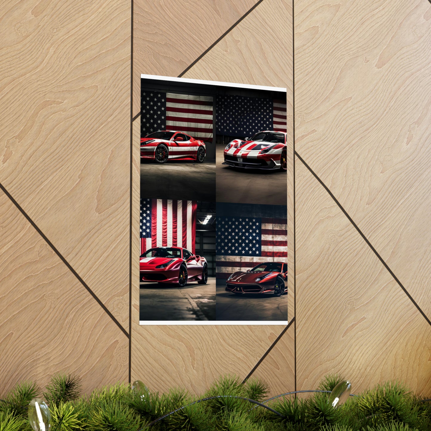 Premium Matte Vertical Posters American Flag Background Ferrari 5