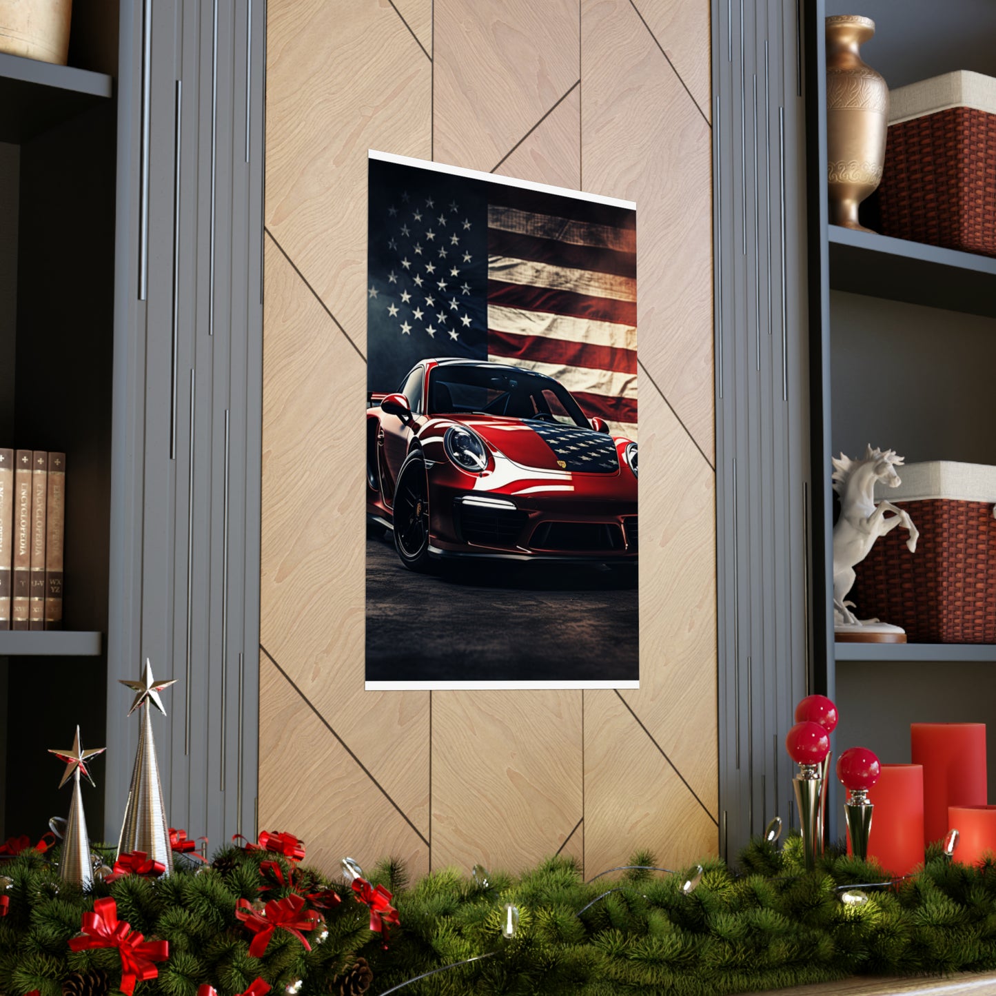 Premium Matte Vertical Posters American Flag Background Porsche 2