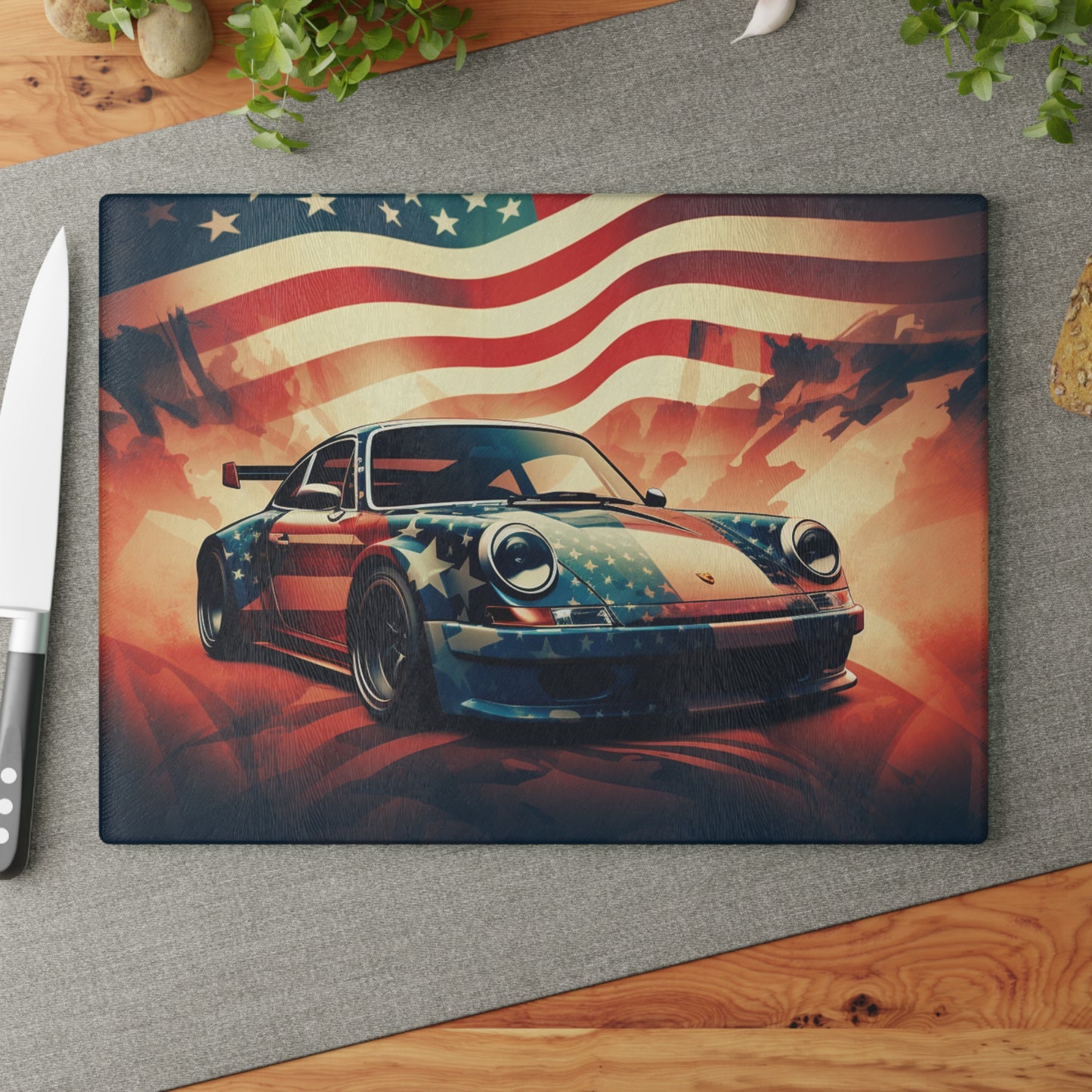 Glass Cutting Board Abstract American Flag Background Porsche 4