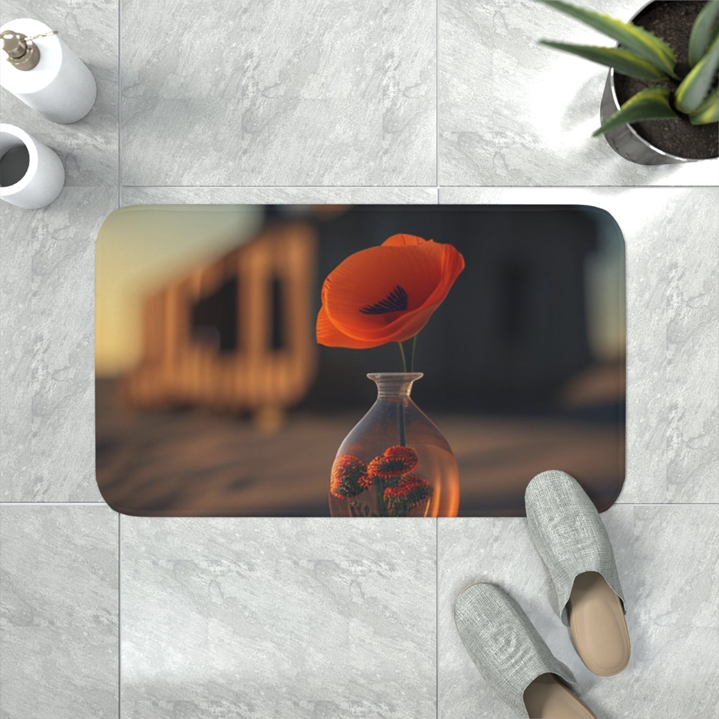 Memory Foam Bath Mat Orange Poppy in a Vase 3