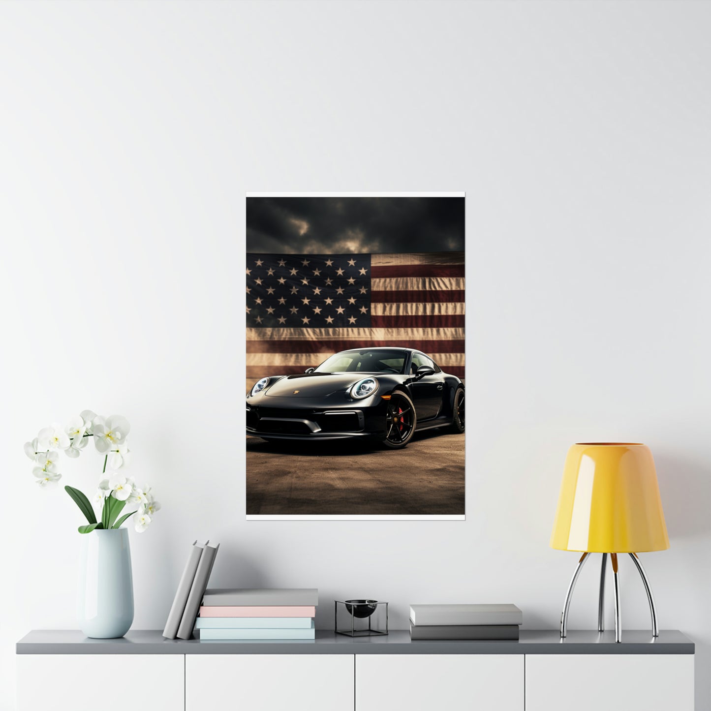 Premium Matte Vertical Posters American Flag Background Porsche 4
