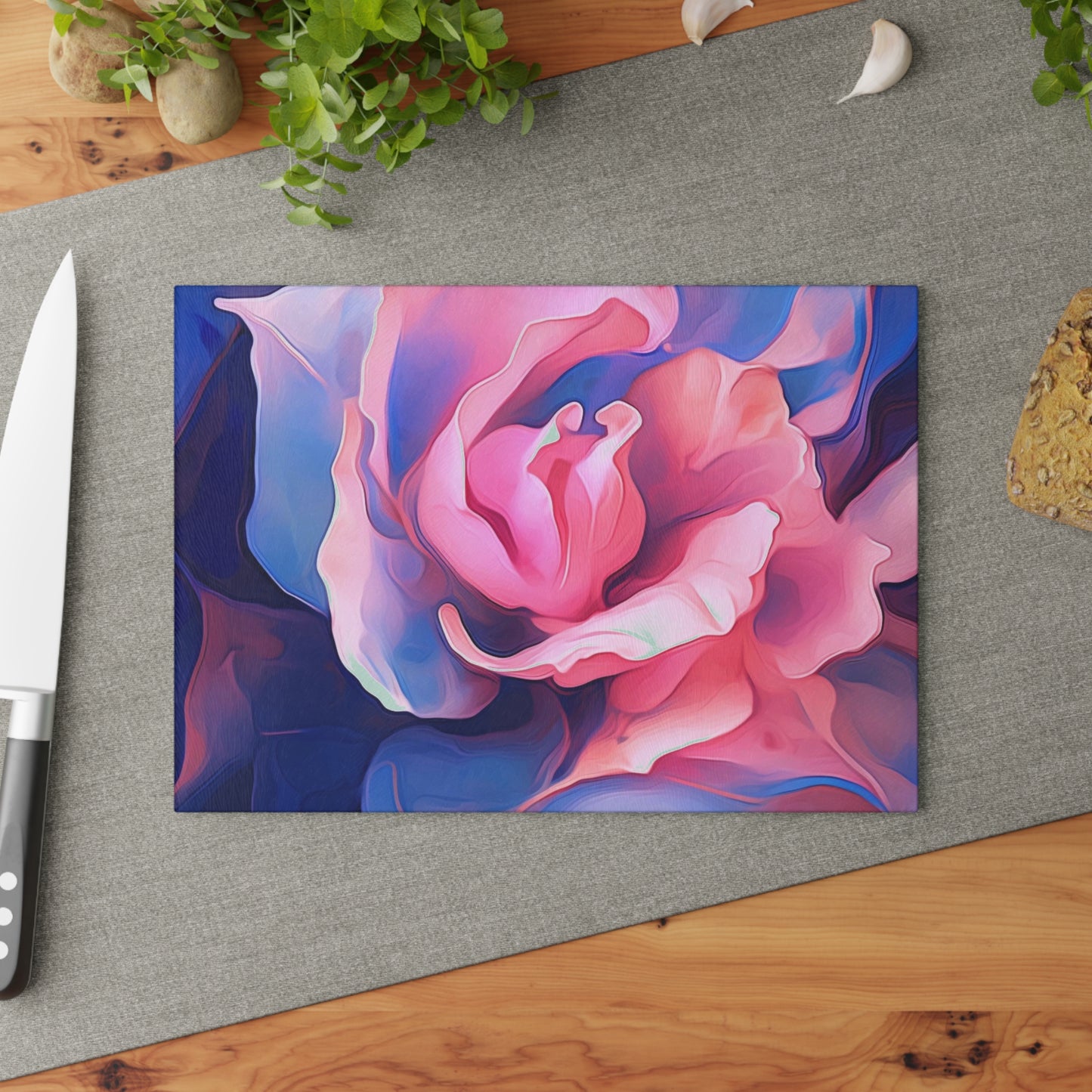 Glass Cutting Board Pink & Blue Tulip Rose 1