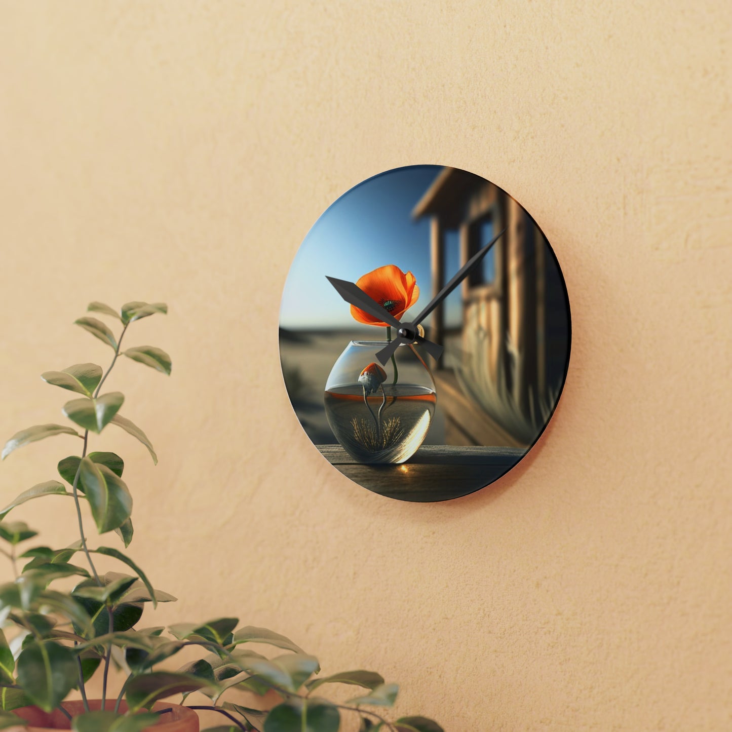 Acrylic Wall Clock Orange Poppy in a Vase 1