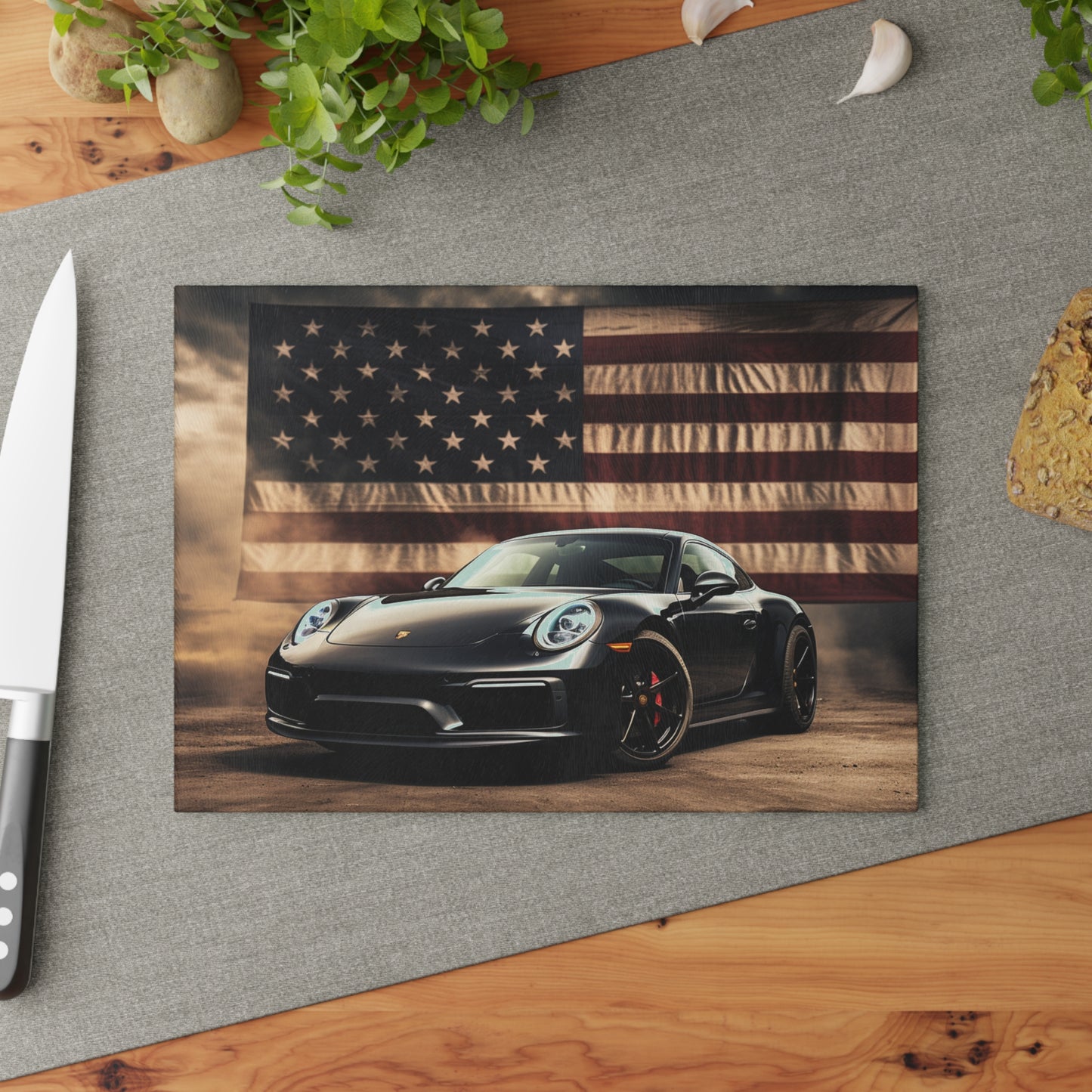 Glass Cutting Board American Flag Background Porsche 4