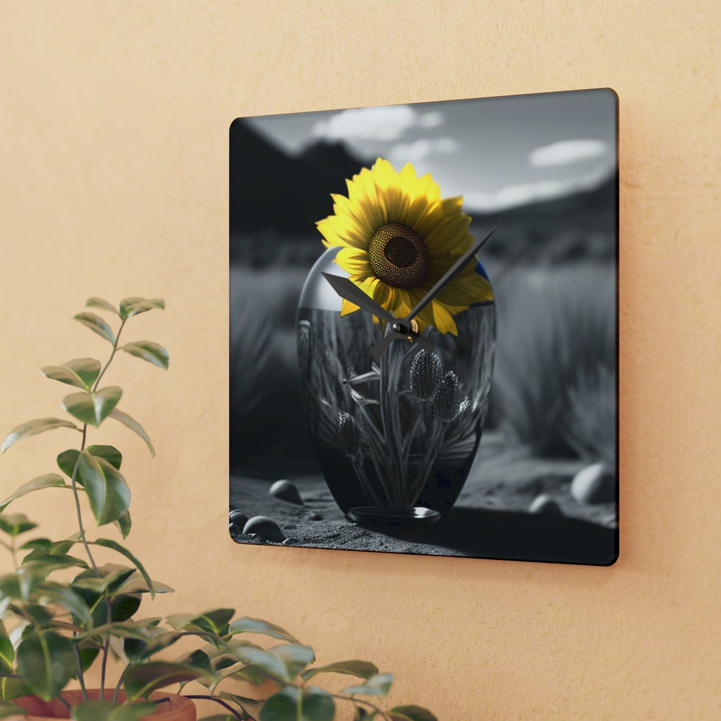 Acrylic Wall Clock Yellw Sunflower in a vase 3