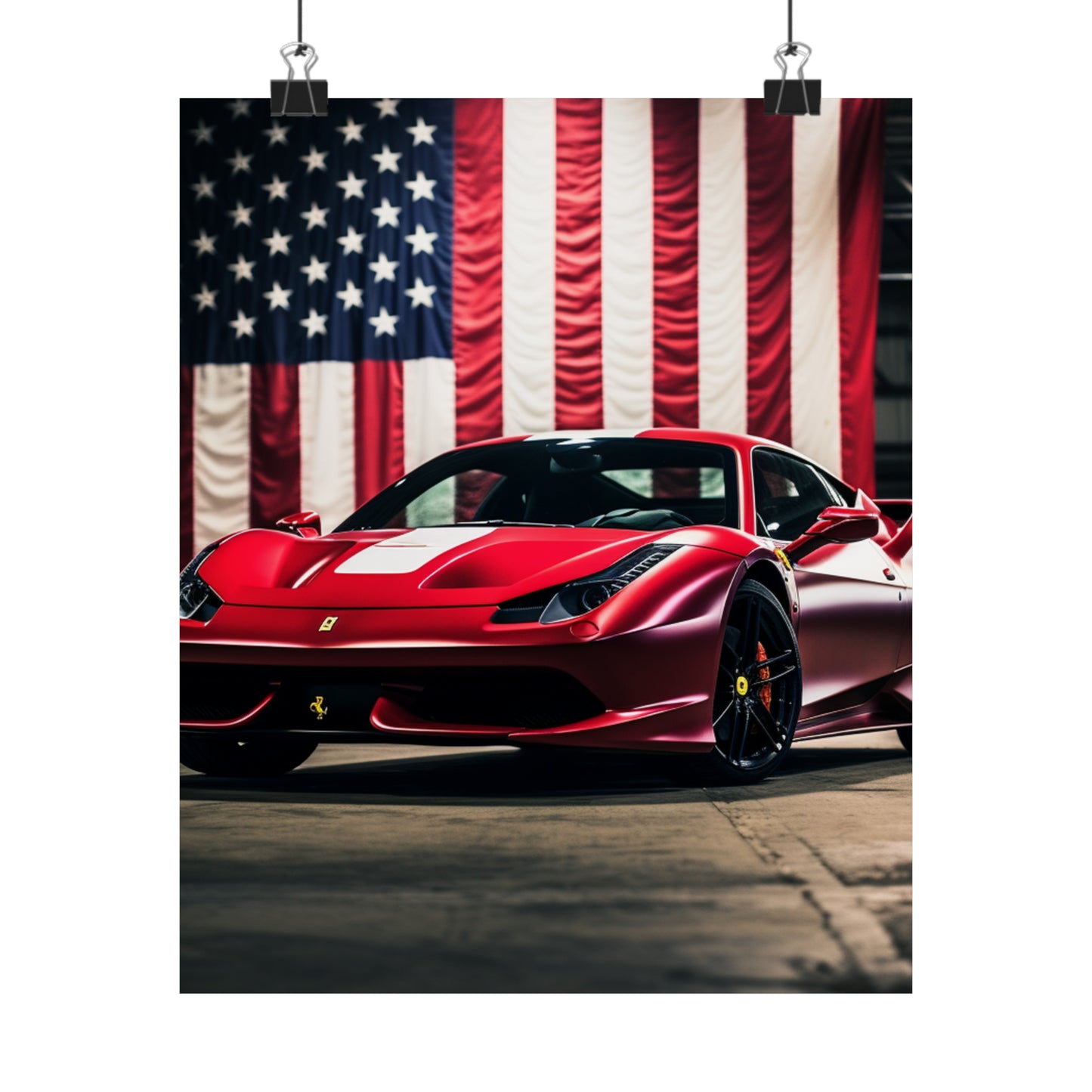 Premium Matte Vertical Posters American Flag Background Ferrari 3