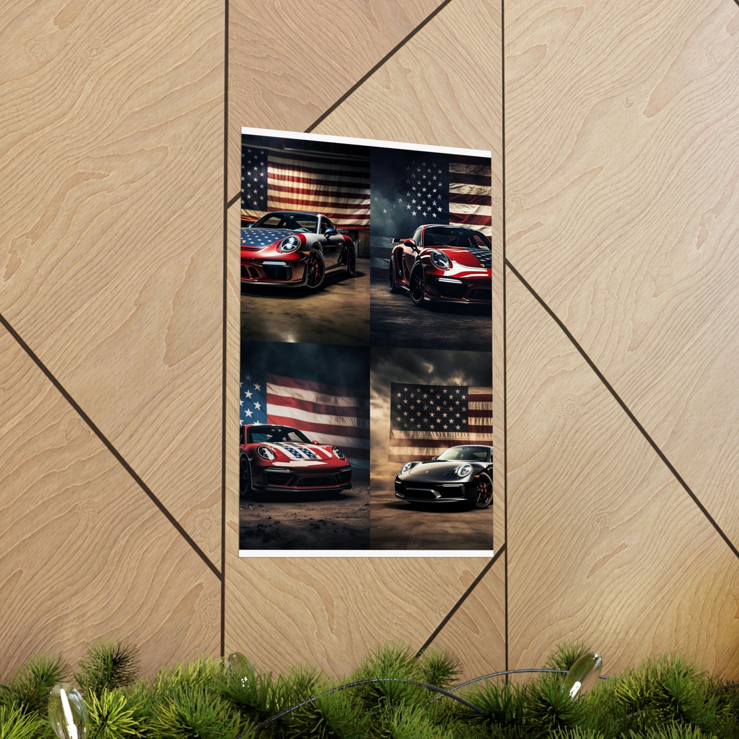 Premium Matte Vertical Posters American Flag Background Porsche 5