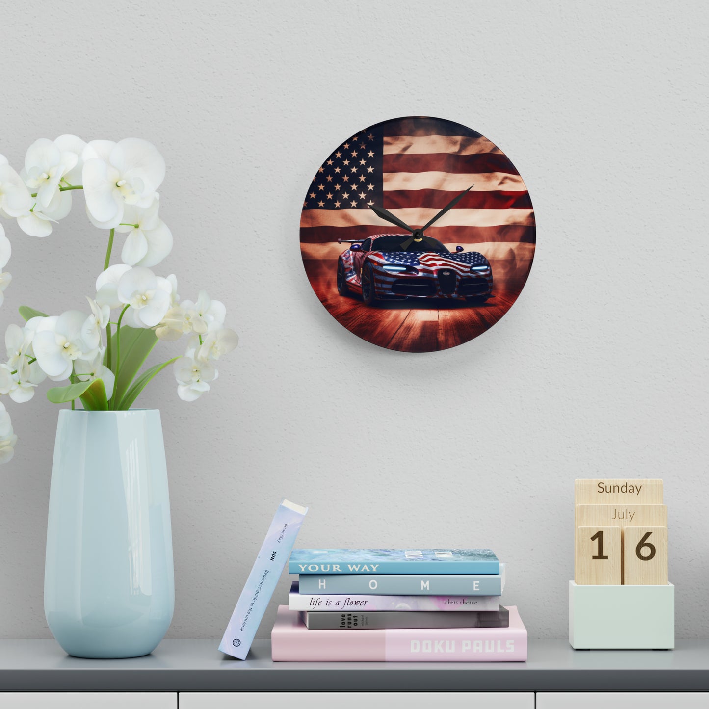 Acrylic Wall Clock Abstract American Flag Background Bugatti 2