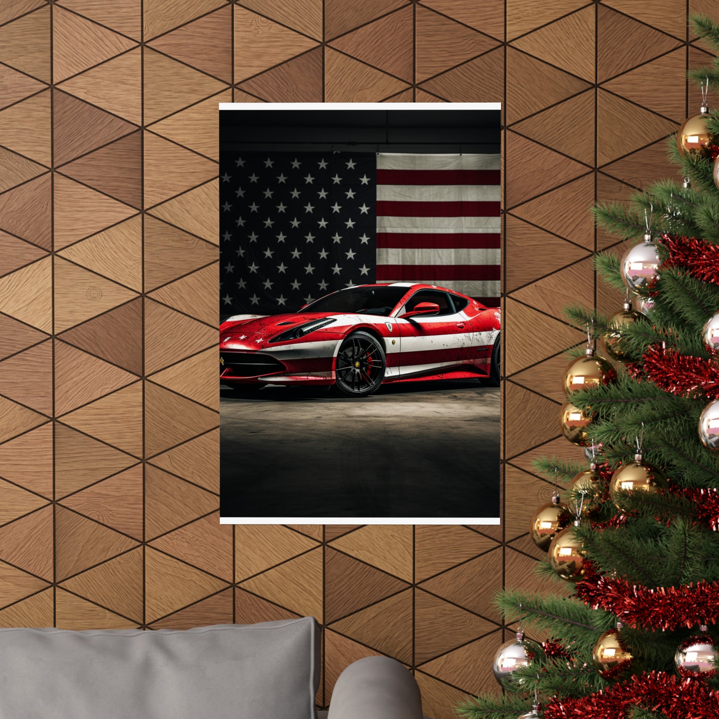 Premium Matte Vertical Posters American Flag Background Ferrari 1