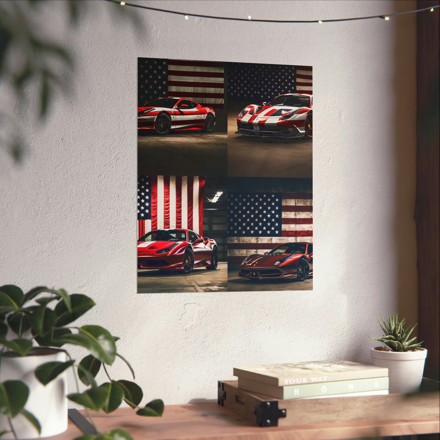 Premium Matte Vertical Posters American Flag Background Ferrari 5