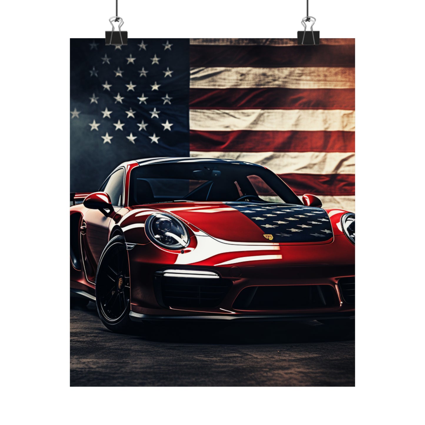 Premium Matte Vertical Posters American Flag Background Porsche 2