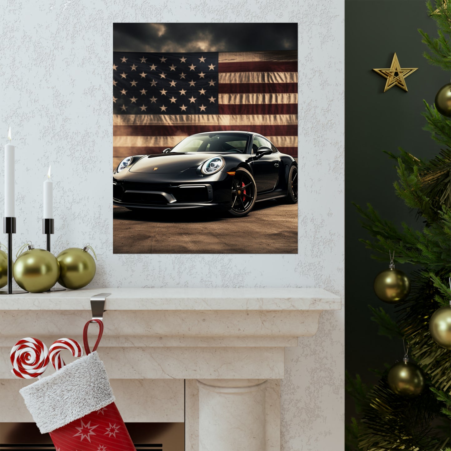 Premium Matte Vertical Posters American Flag Background Porsche 4