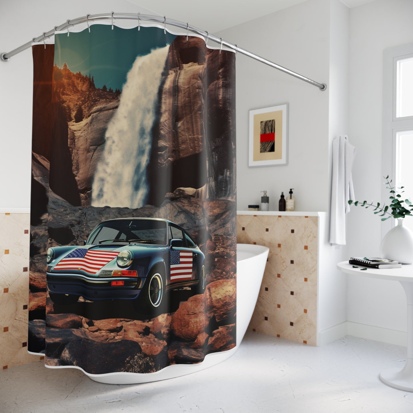 Polyester Shower Curtain American Flag Porsche Abstract 2