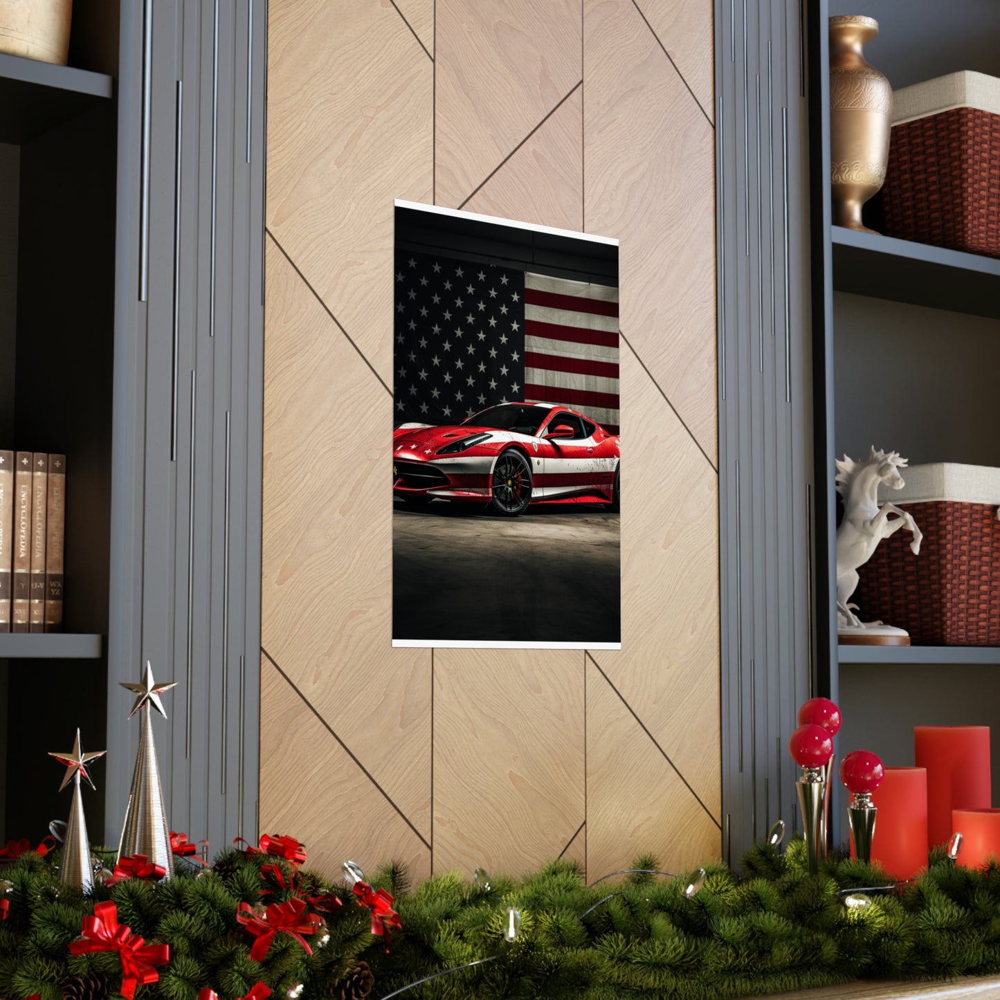 Premium Matte Vertical Posters American Flag Background Ferrari 1