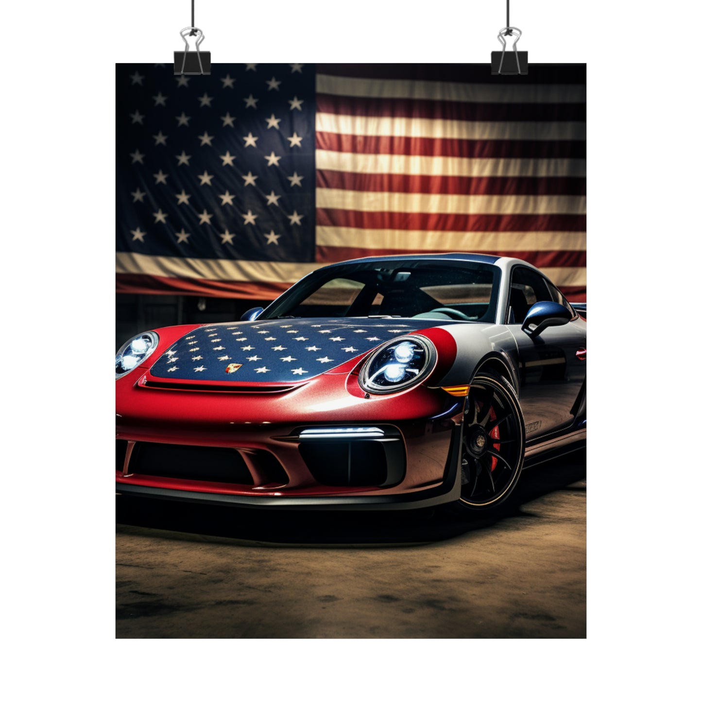 Premium Matte Vertical Posters American Flag Background Porsche 1