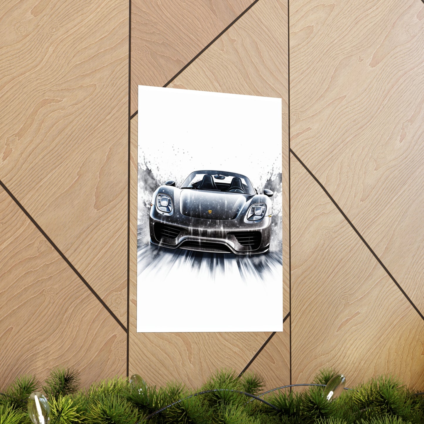 Premium Matte Vertical Posters 918 Spyder white background driving fast with water splashing 3