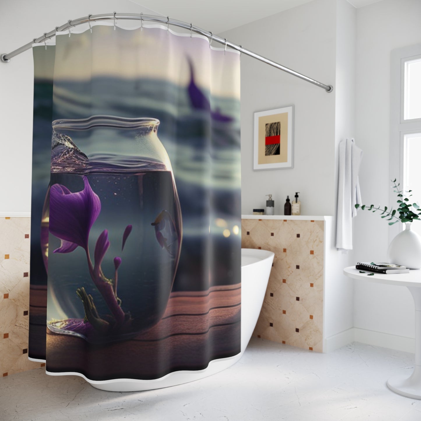 Polyester Shower Curtain Purple Sweet pea in a vase 1