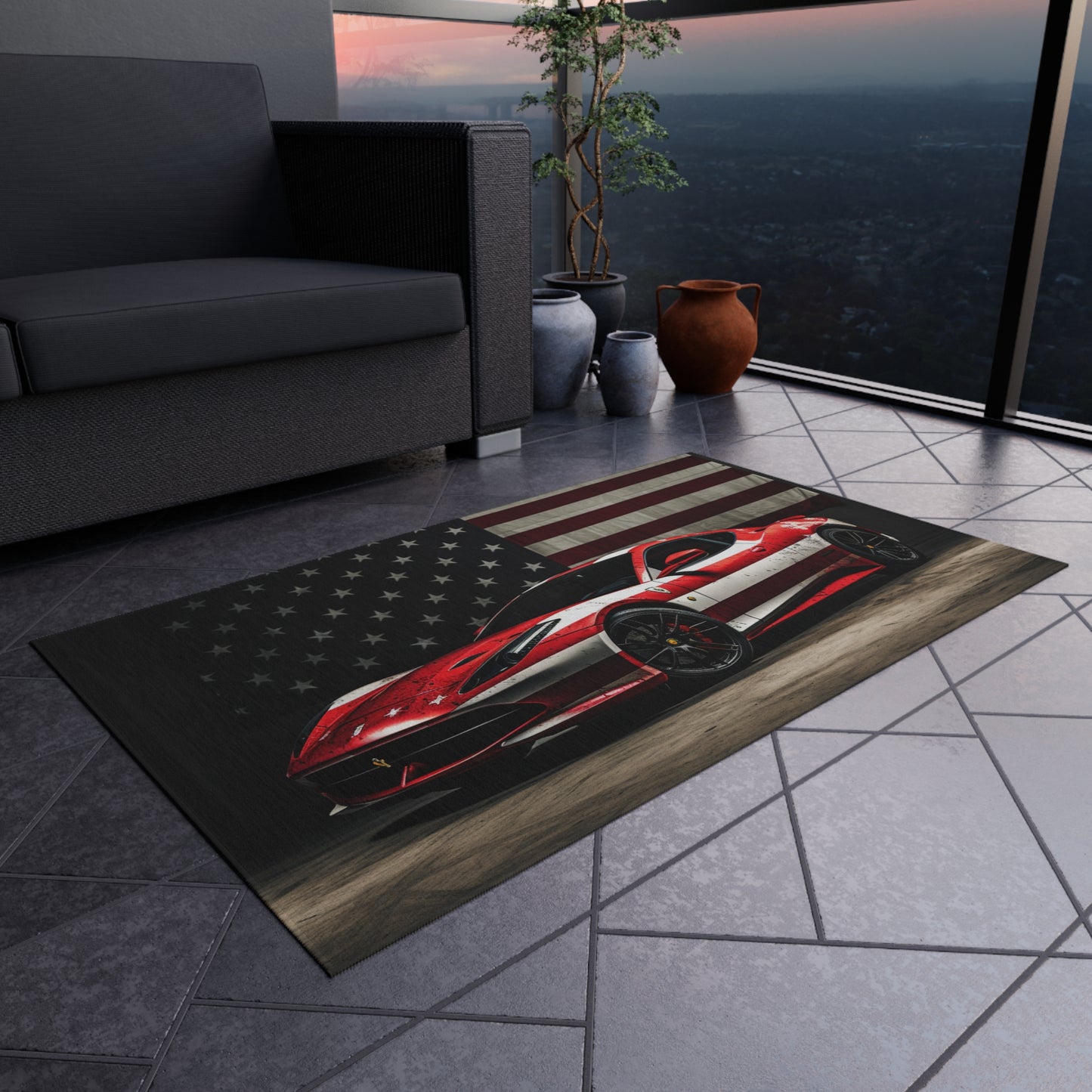 Outdoor Rug  American Flag Background Ferrari 1