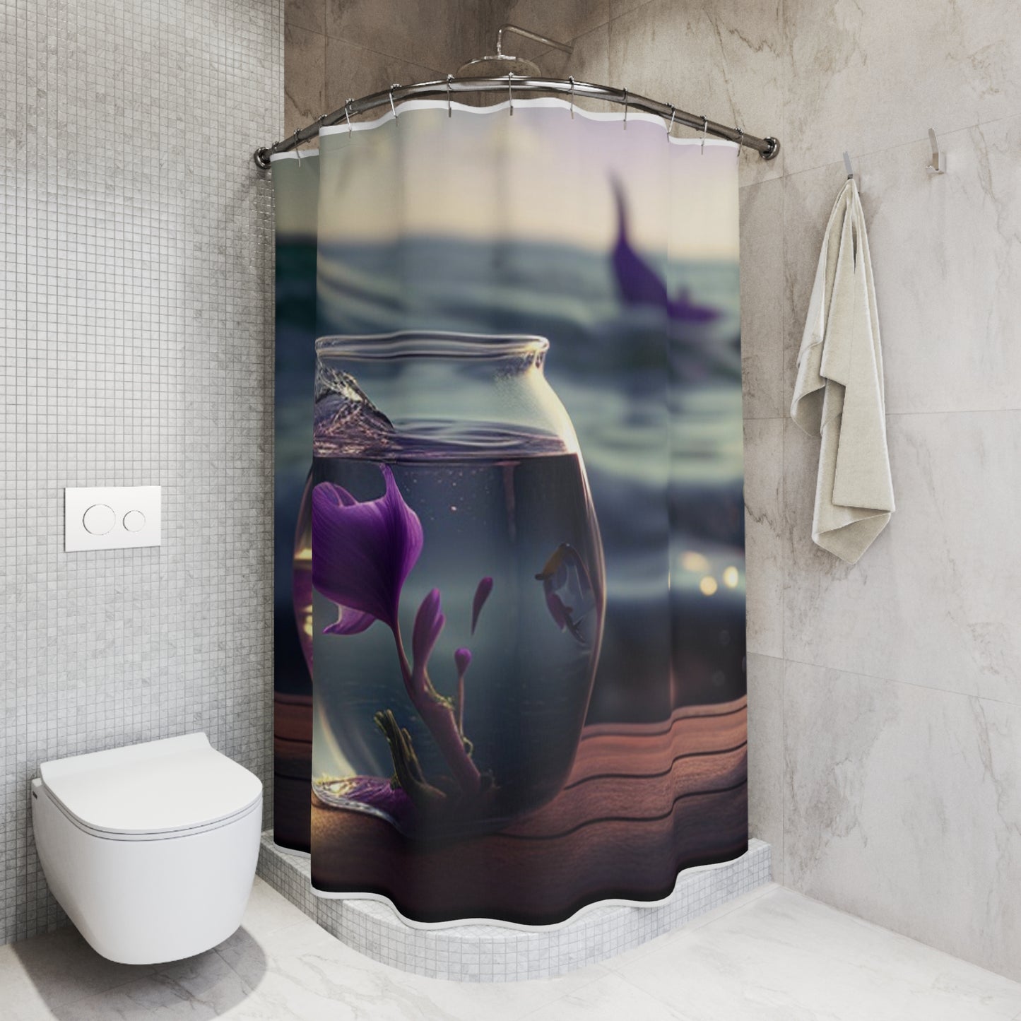 Polyester Shower Curtain Purple Sweet pea in a vase 1