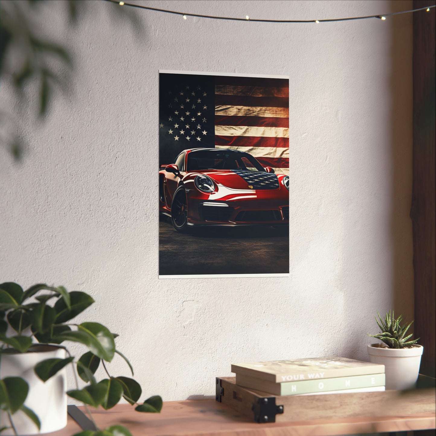 Premium Matte Vertical Posters American Flag Background Porsche 2