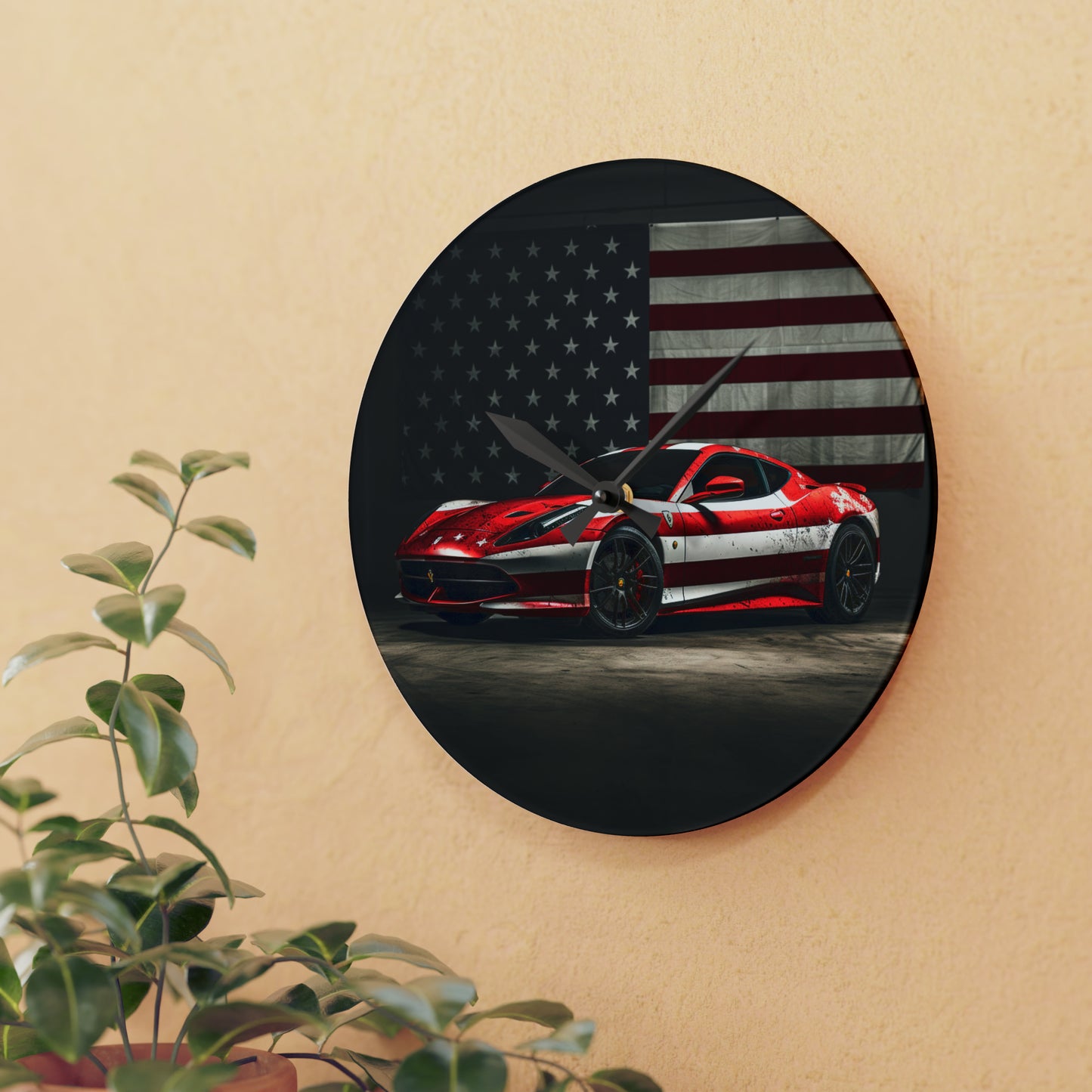 Acrylic Wall Clock American Flag Background Ferrari 1