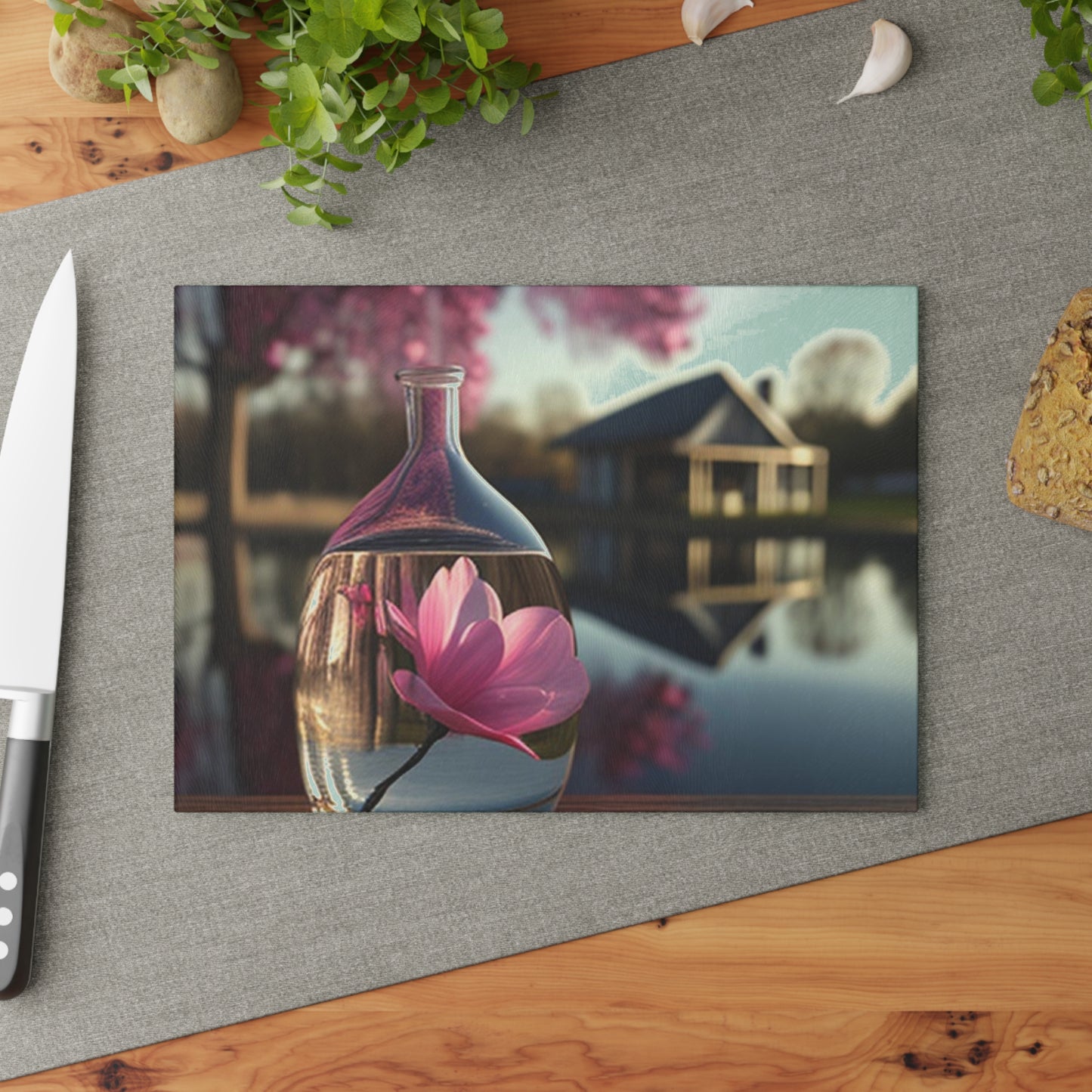 Glass Cutting Board Magnolia in a Glass vase 2