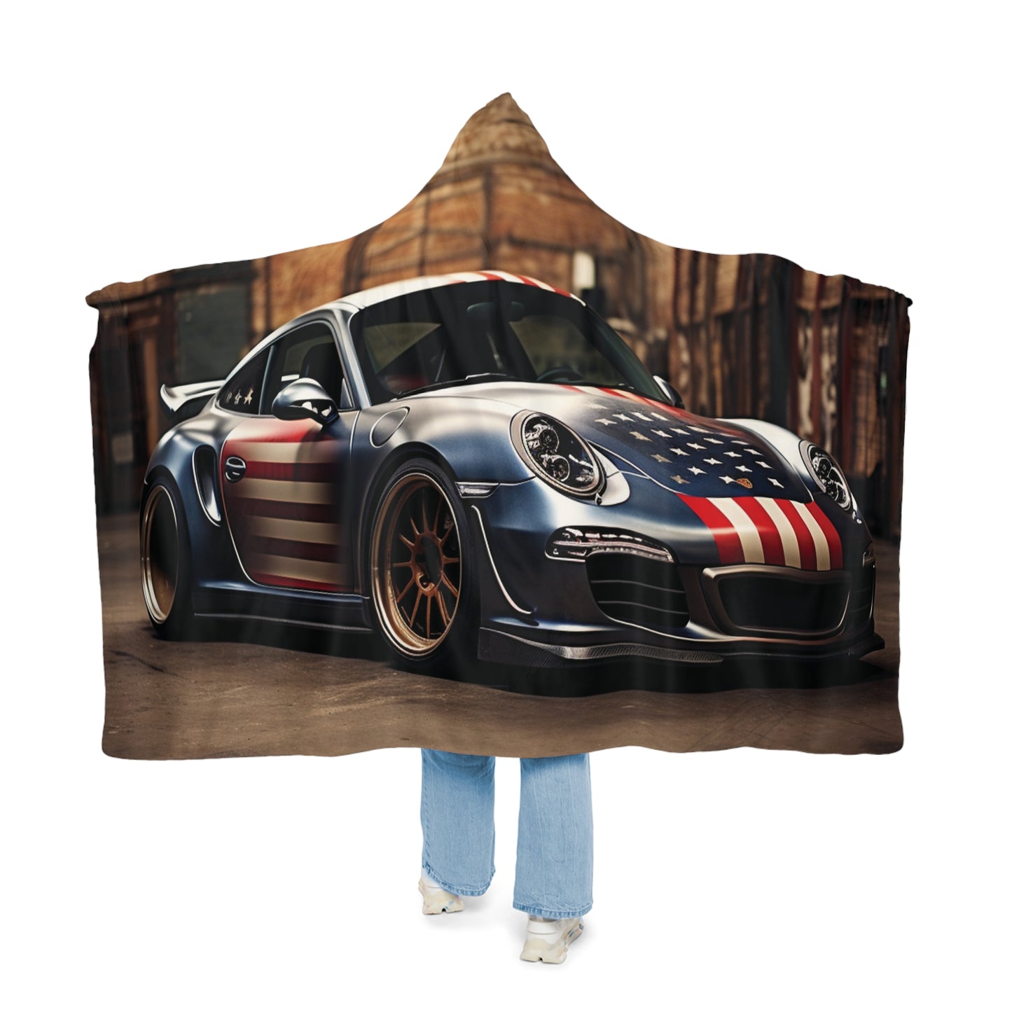 Snuggle Hooded Blanket American Flag Porsche 1