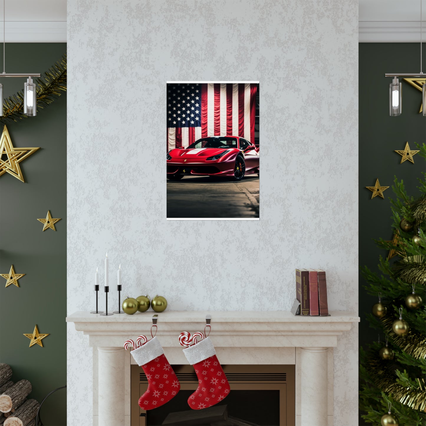 Premium Matte Vertical Posters American Flag Background Ferrari 3