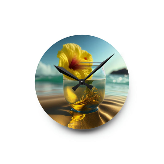 Acrylic Wall Clock Yellow Hibiscus glass 1