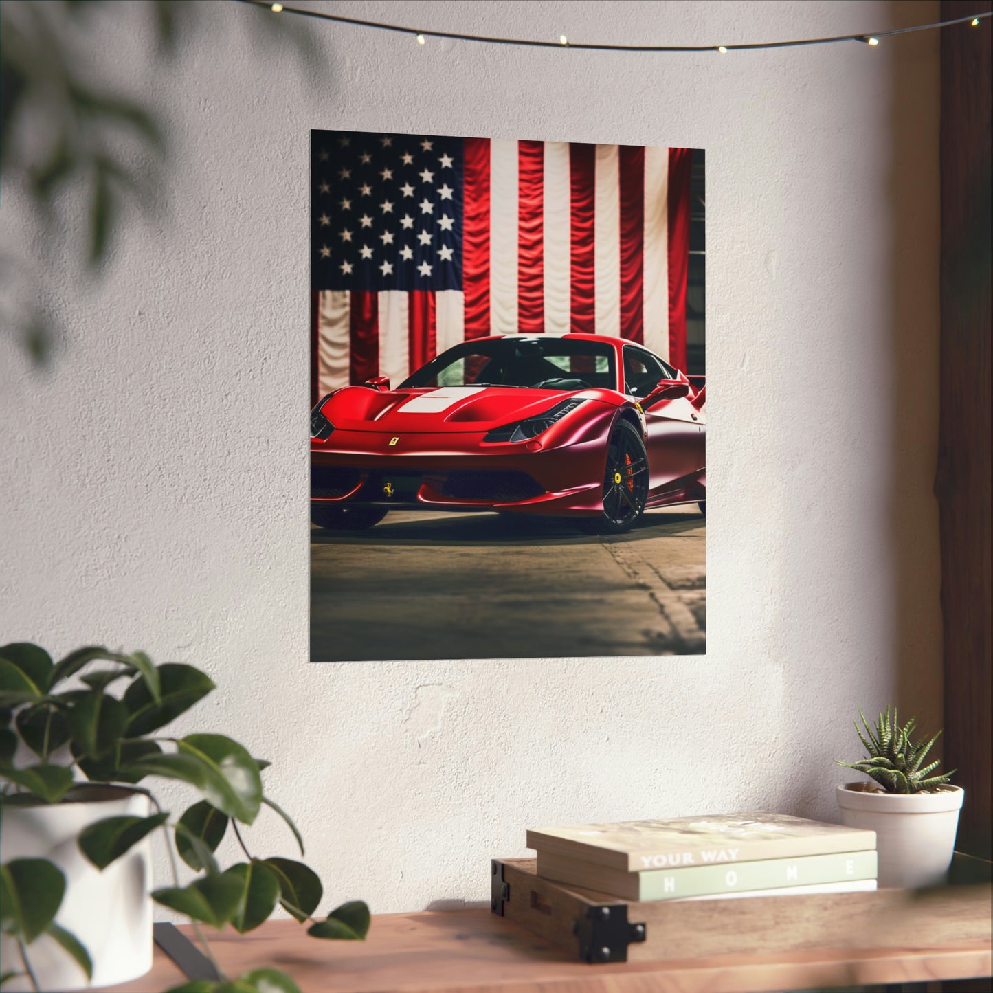 Premium Matte Vertical Posters American Flag Background Ferrari 3