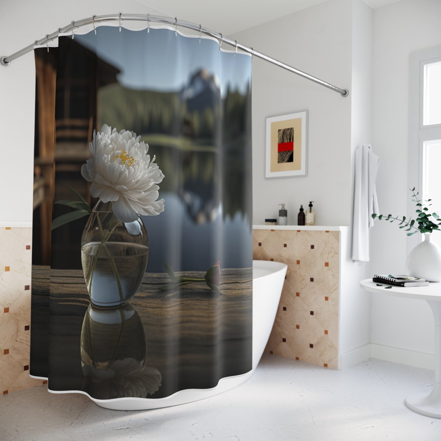 Polyester Shower Curtain White Peony glass vase 4