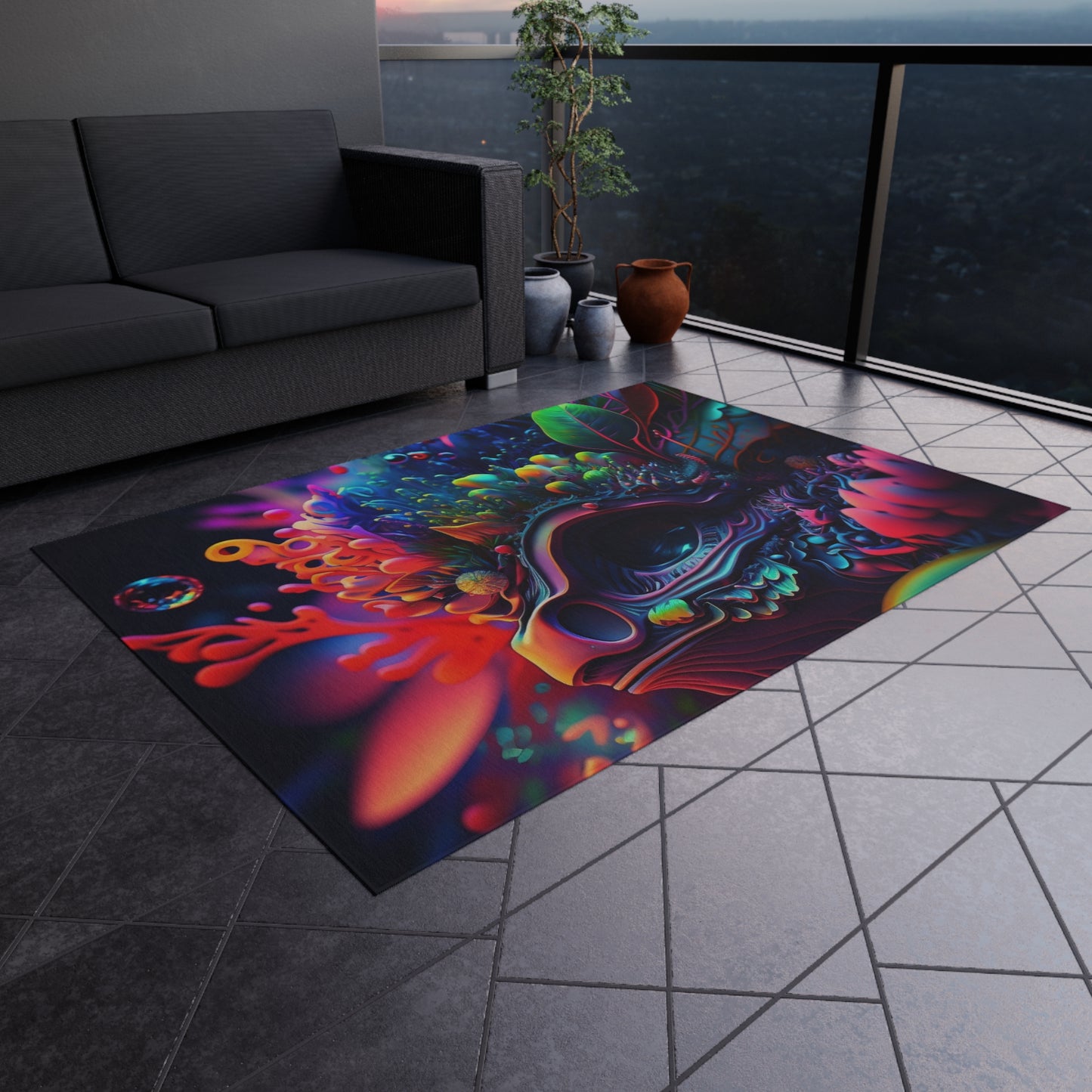 Outdoor Rug  Florescent Skull Death 2